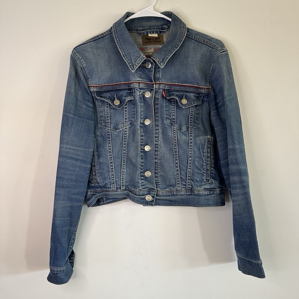 Womens Levis Denim Jean Trucker Jacket Southwest Embroidery Large (runs Small)‎